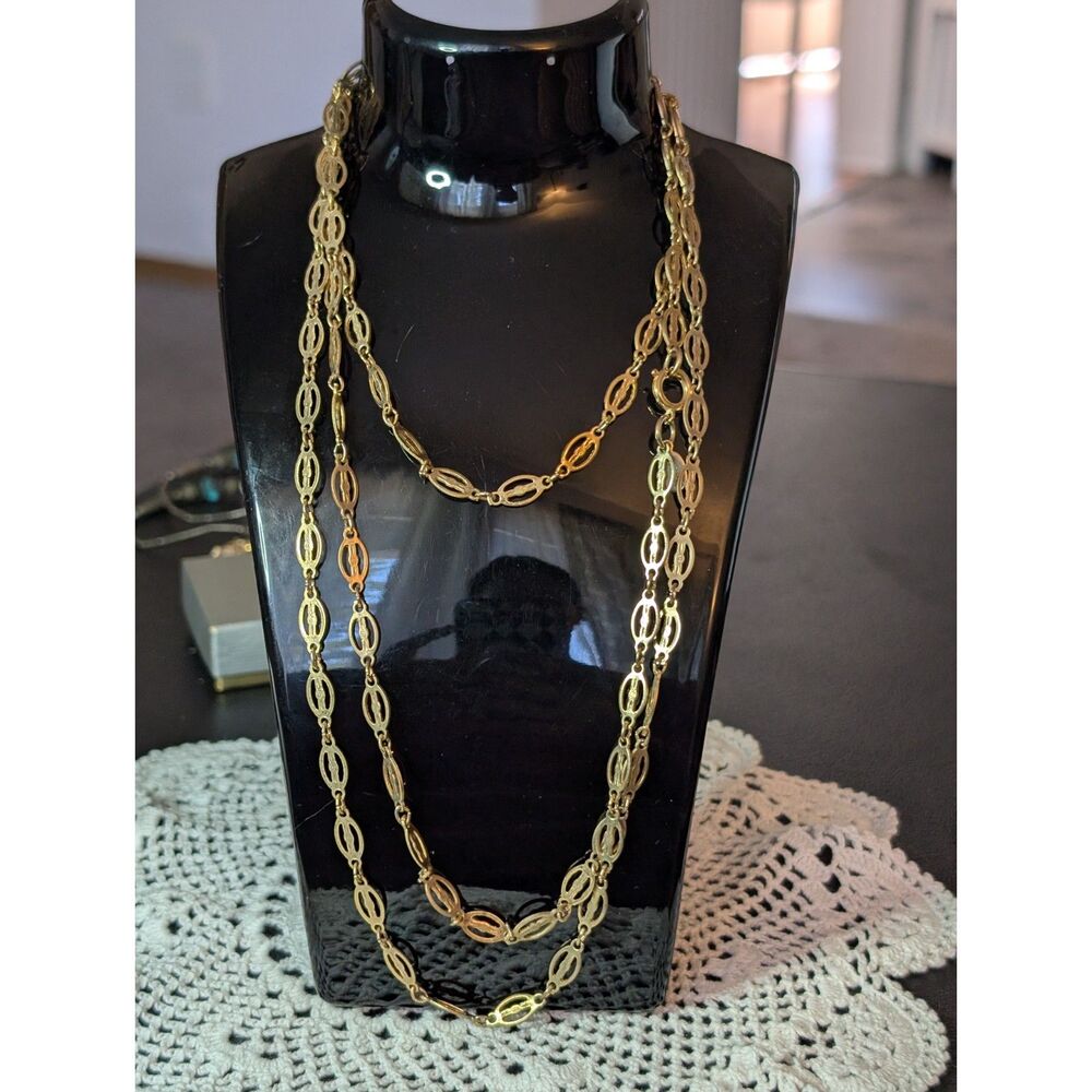 VTG Park Lane Signed Gold Tone Filigree Starburst Oval Link Chain Necklace 52"